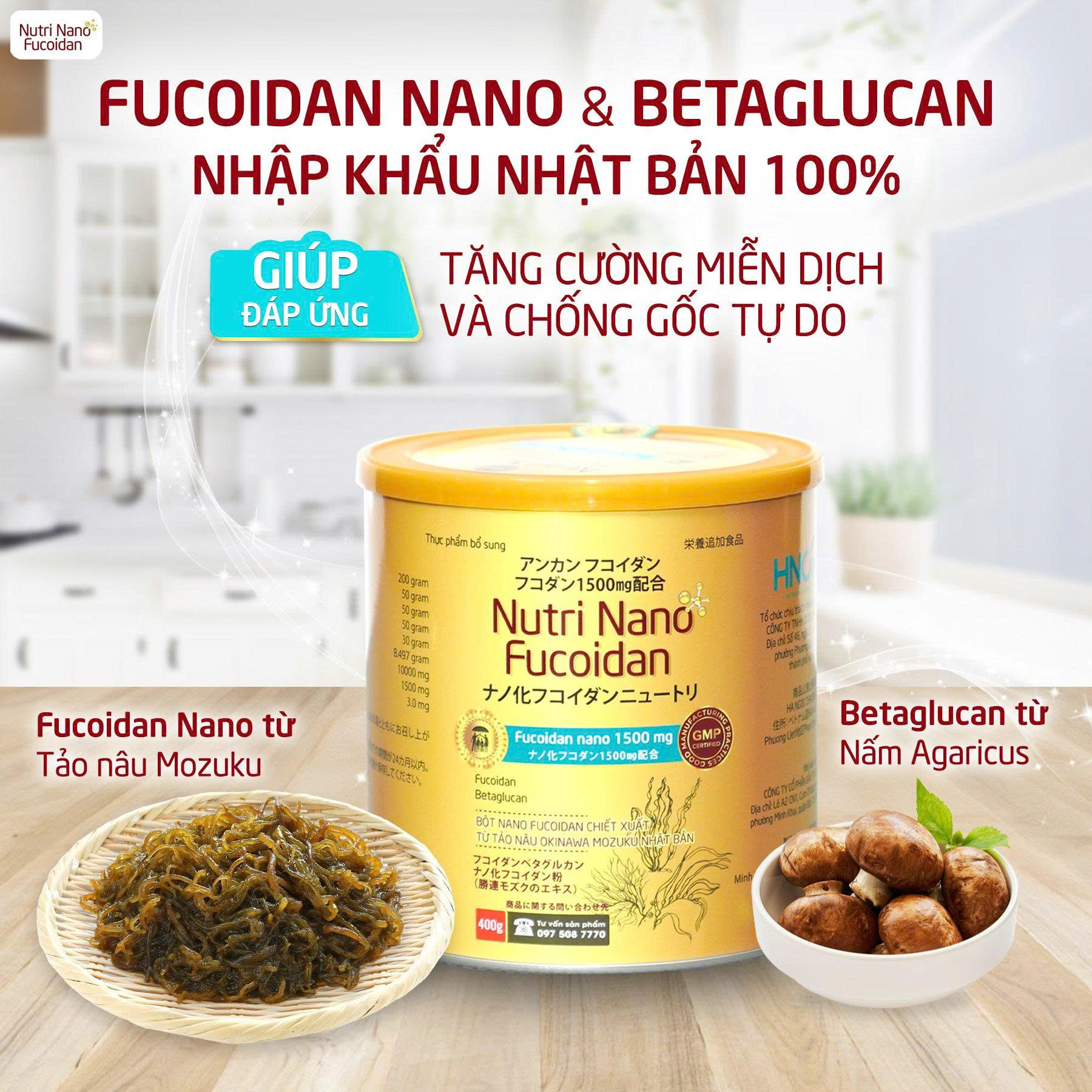 Fucoidan Nano cùng 12.500mg Beta Glucan nhập khẩu từ Nhật Bản giúp tăng cường miễn dịch và chống gốc tự do